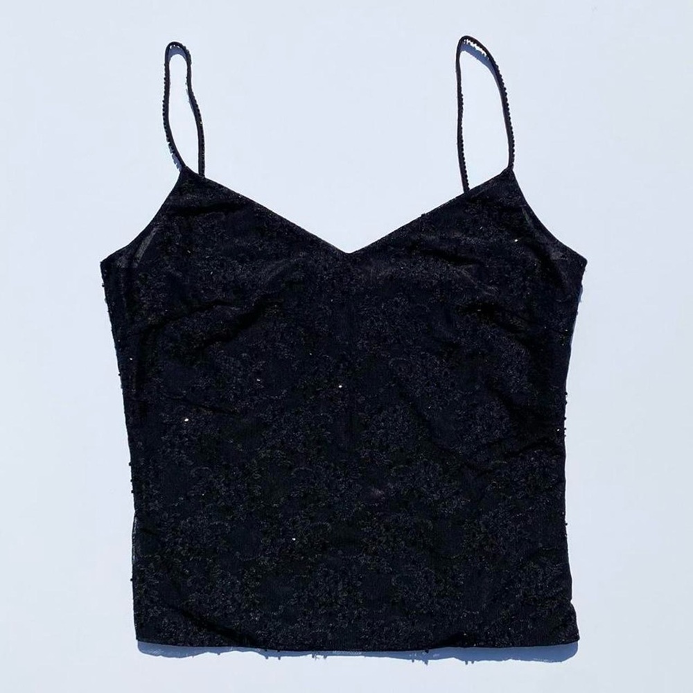 Vintage Gilar Evening Black Floral Mesh Bead  Embellished Strap Top Y2K Medium